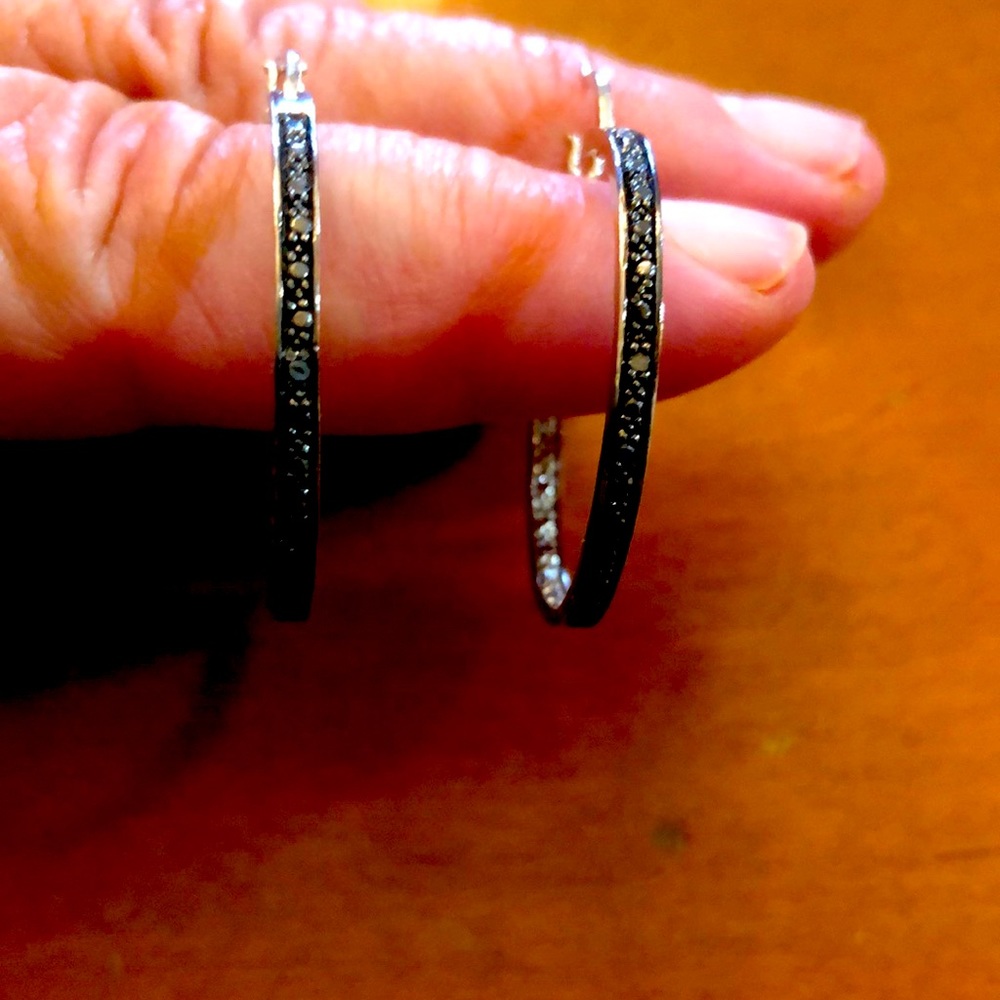 1 1/4 inch sterling hoops with black diamond accents.